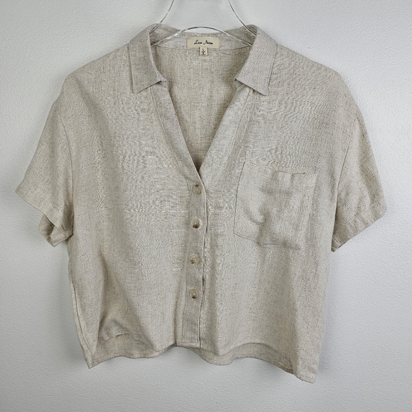 Love Notes Light Tan Linen Blend Cropped Button Front Top Large - Picture 1 of 8
